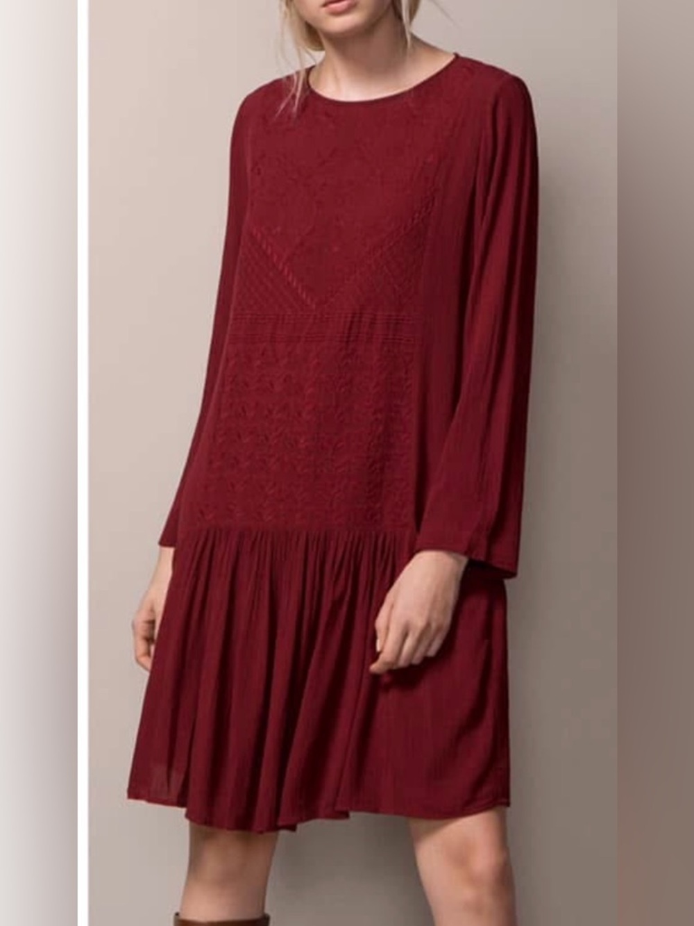 Massimo Dutti  Boho Burgundy Long-Sleeve Pleated Hem Mini Dress SZ 6 EUC